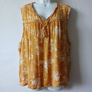 Wallflower Mustard Floral Blouse V Neck Tassles Sz 3X  Casual Beach Summer Work